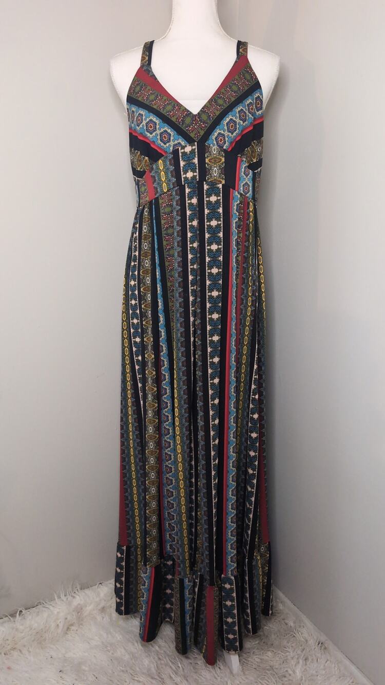 Tahari Boho Print Maxi Dress Small Colorful Resort Vacation Dress